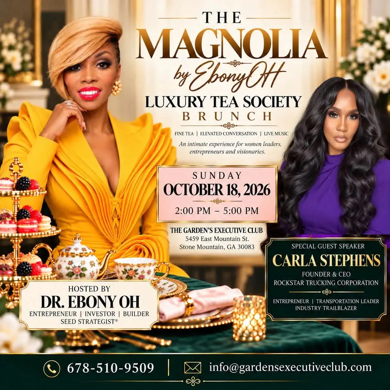 The Magnolia by Ebony OH — luxury tea society brunch, Sunday 18 October 2026, with special guest Carla Stephens of Rockstar Trucking Corporation